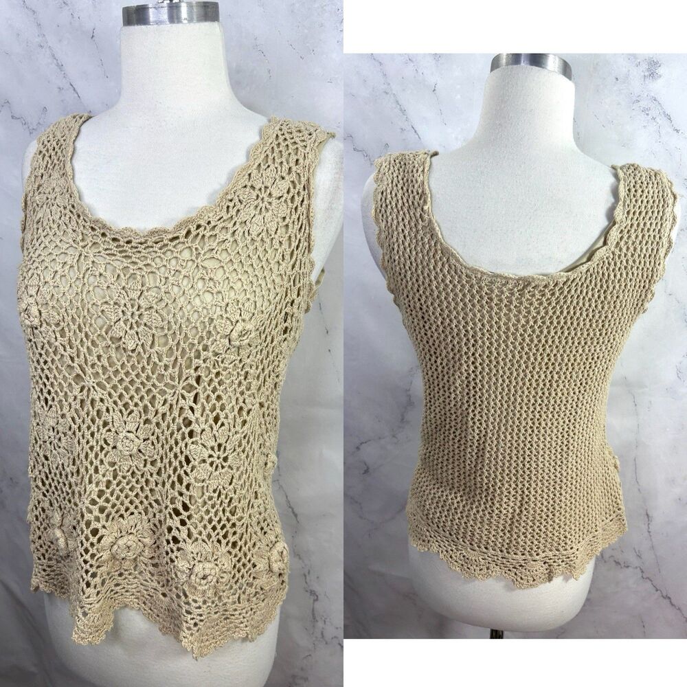 Vtg Y2k Tan Crochet Knit Tank Top L Boho Floral Cottagecore Scalloped Hem Doily